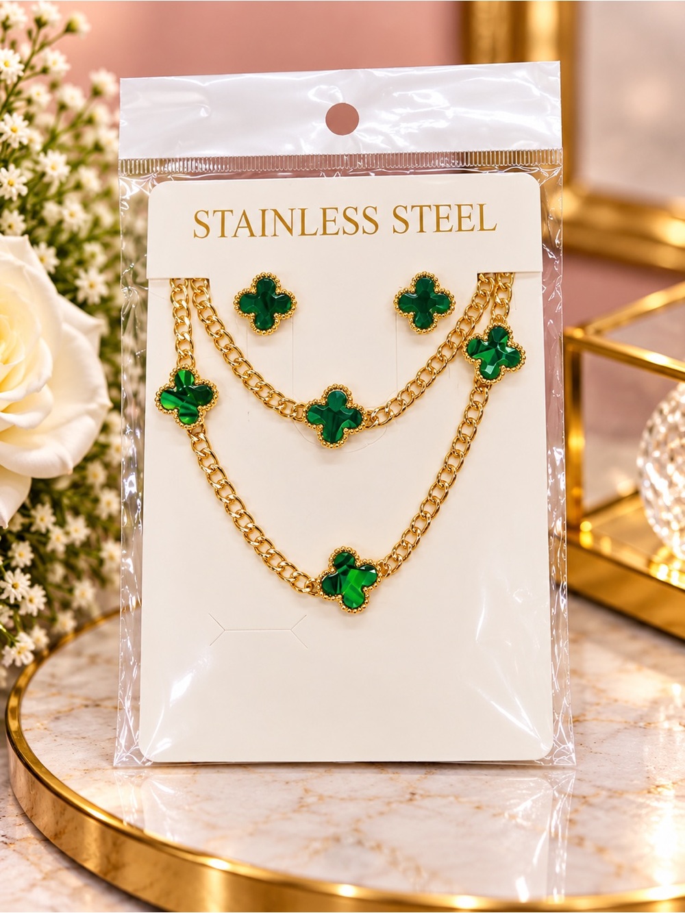 Gold Necklace & Earring Set with Green Clover Accents
